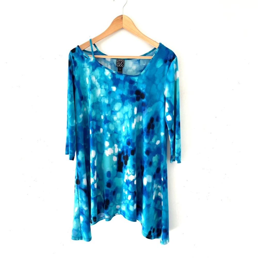 Clara Sun Woo Blue Green Tunic Top Blouse Stretch Jersey Knit 3/4 Sleeve Size S